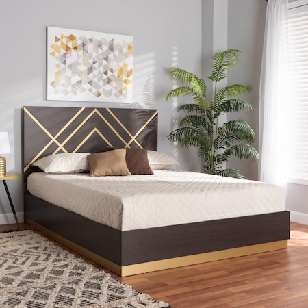 Baxton Studio Arcelia Glam and Luxe Two-Tone Dark Brown and Gold Finished Wood Queen Size Platform Bed 204-12583